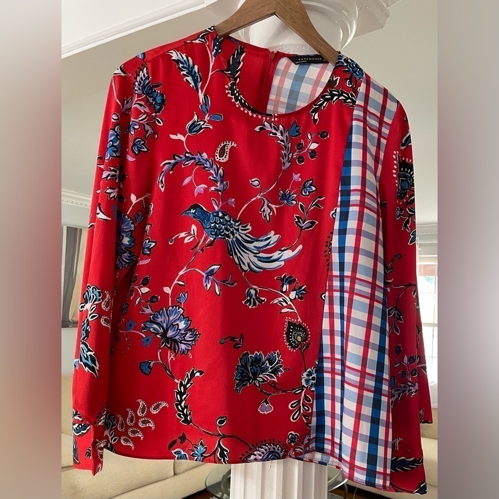 Zara women’s Floral Bird patchwork red and blue long sleeve size medium.